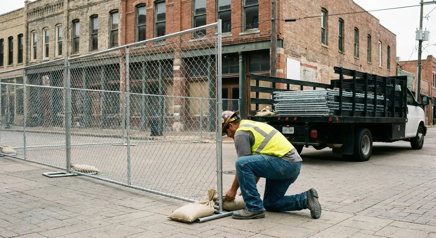 Temporary fence installation in Spring urban environment