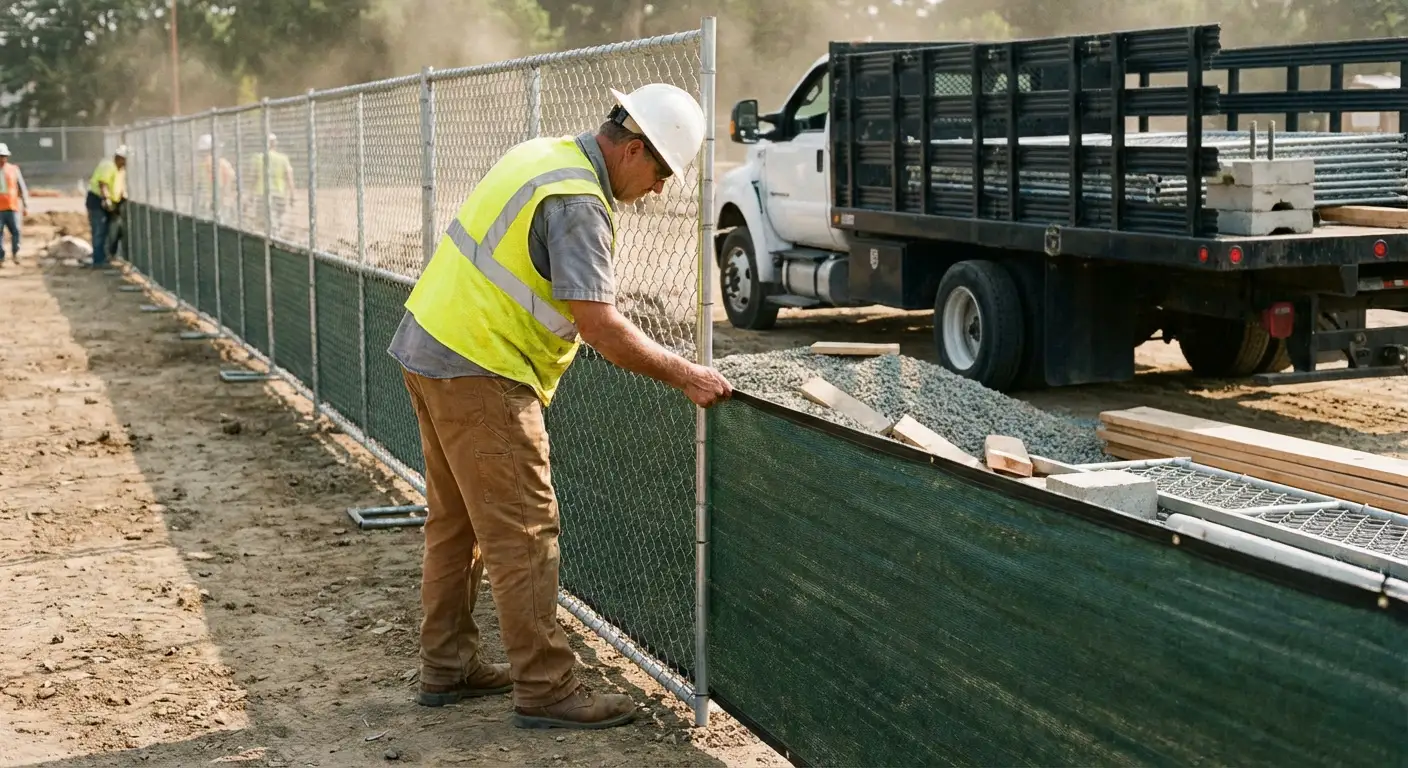 Privacy windscreen installation on construction fence in Spring, TX